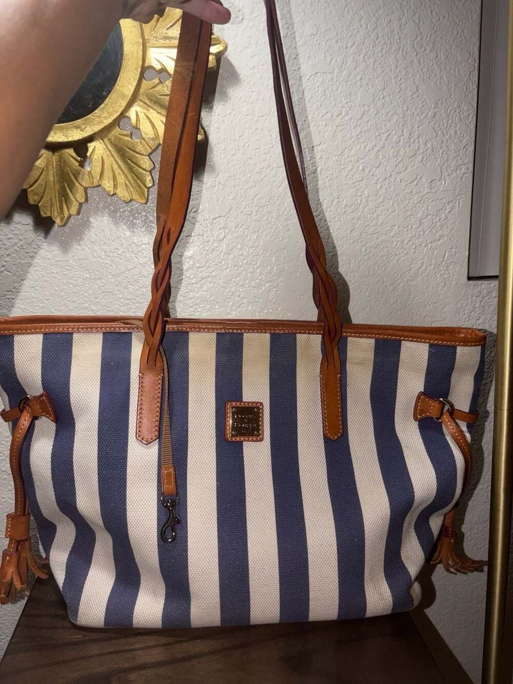Dooney & Bourke Blue and White Striped Canvas Tote Bag